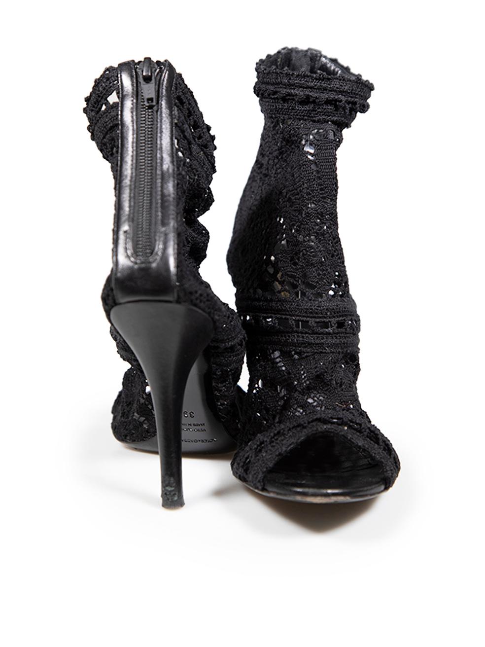 Dolce & Gabbana Black Crochet Lace Peep Toe Boots Size IT 39 In Good Condition In London, GB