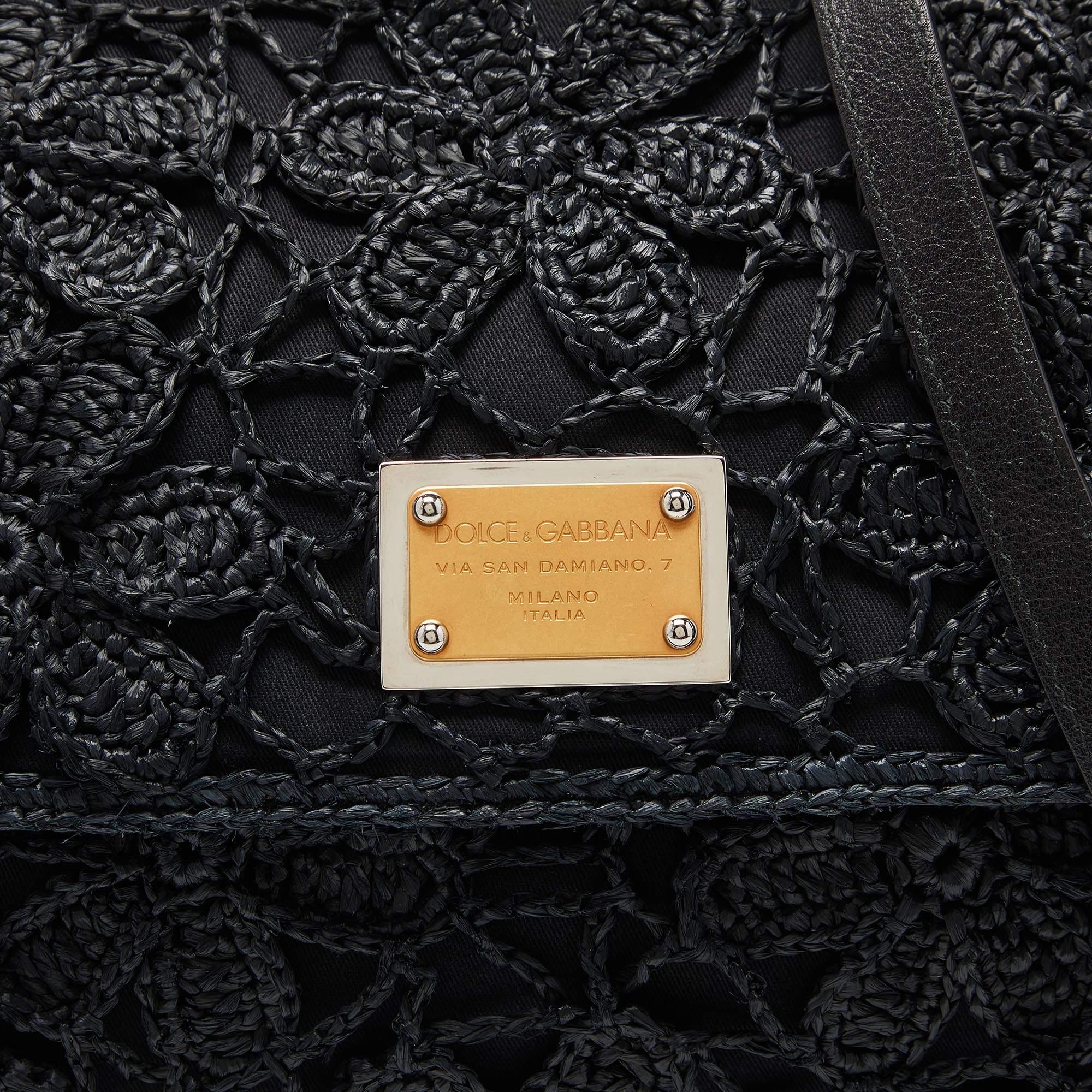 Dolce & Gabbana Black Crochet Raffia Leather Large Miss Sicily Top Handle Bag 6