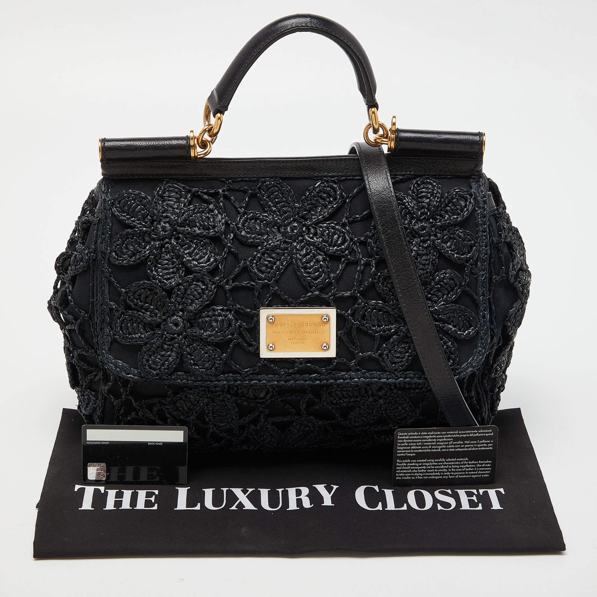 Dolce & Gabbana Black Crochet Raffia Leather Large Miss Sicily Top Handle Bag 7
