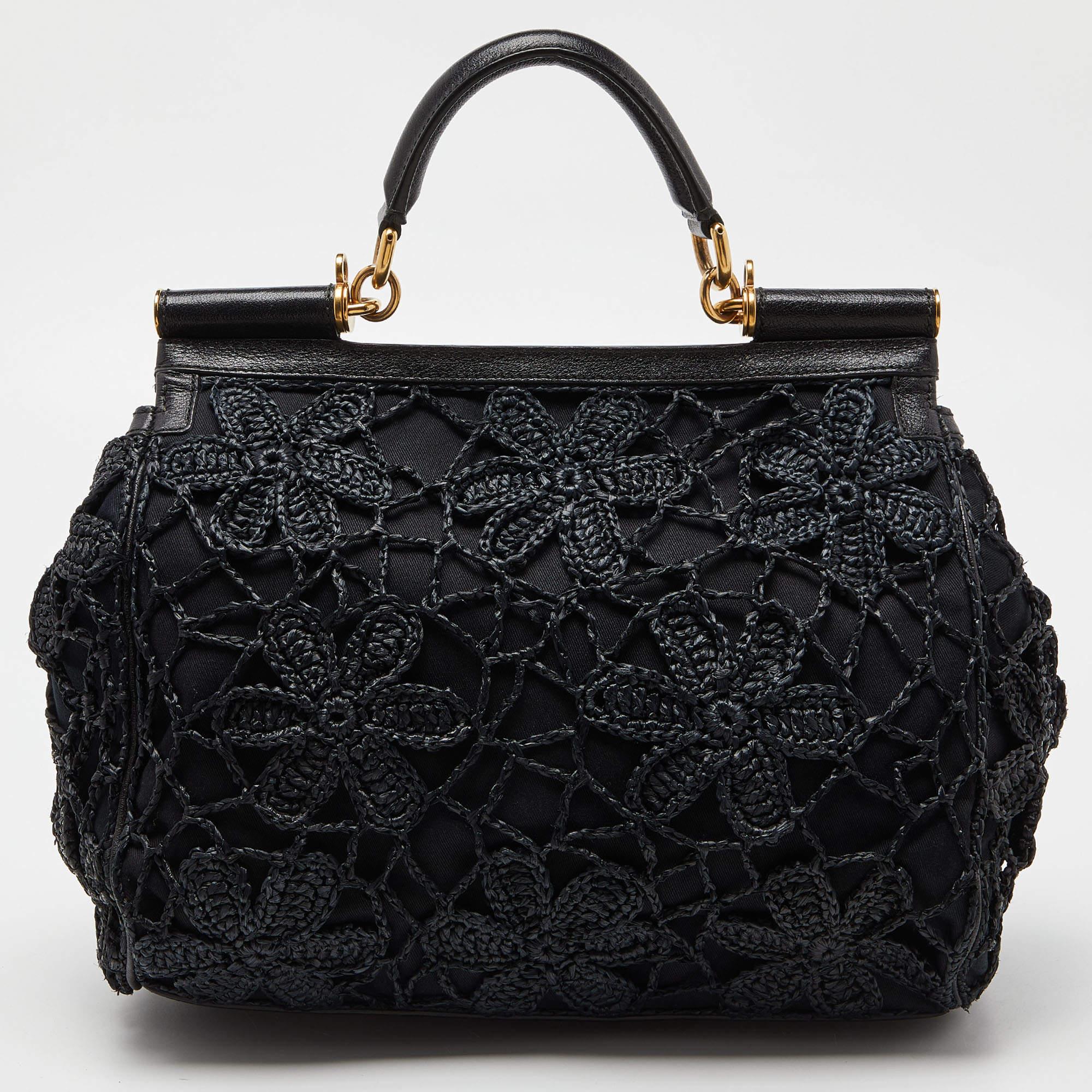 Dolce & Gabbana Black Crochet Raffia Leather Large Miss Sicily Top Handle Bag In Good Condition In Dubai, Al Qouz 2