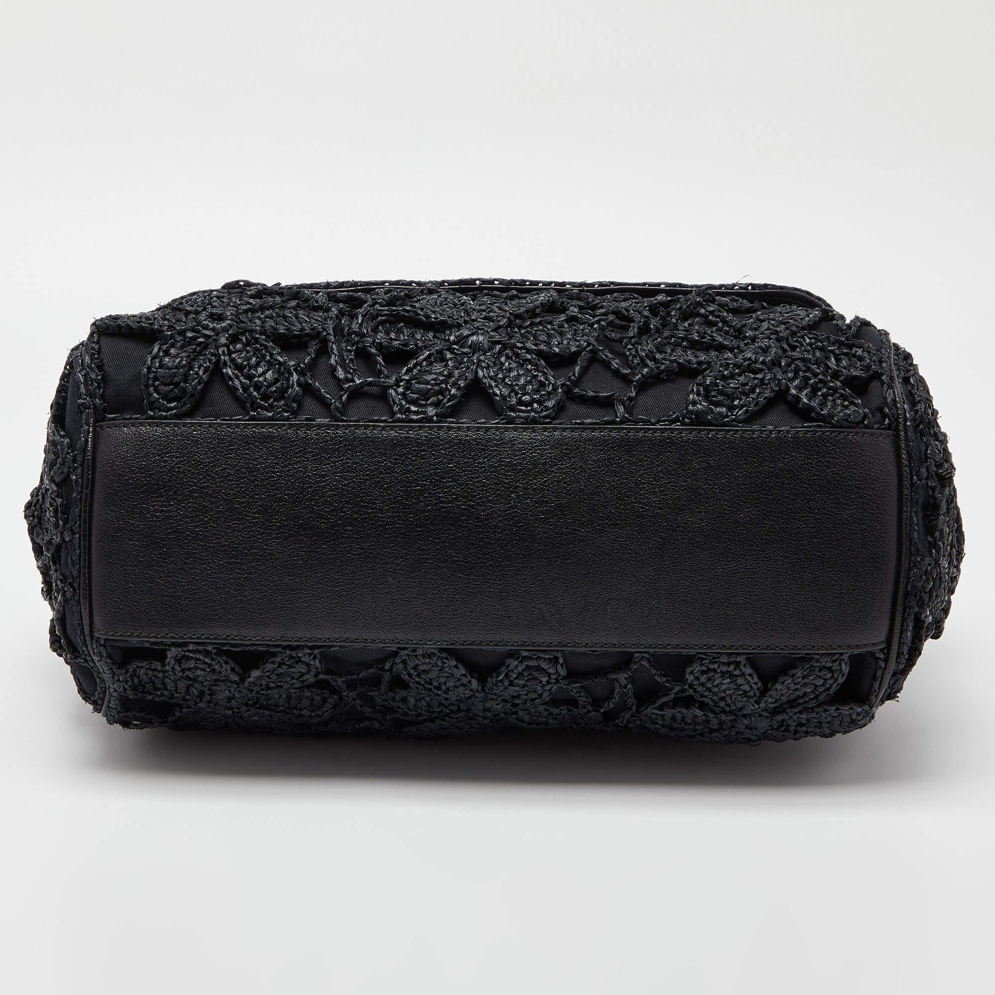 Women's Dolce & Gabbana Black Crochet Raffia Leather Large Miss Sicily Top Handle Bag