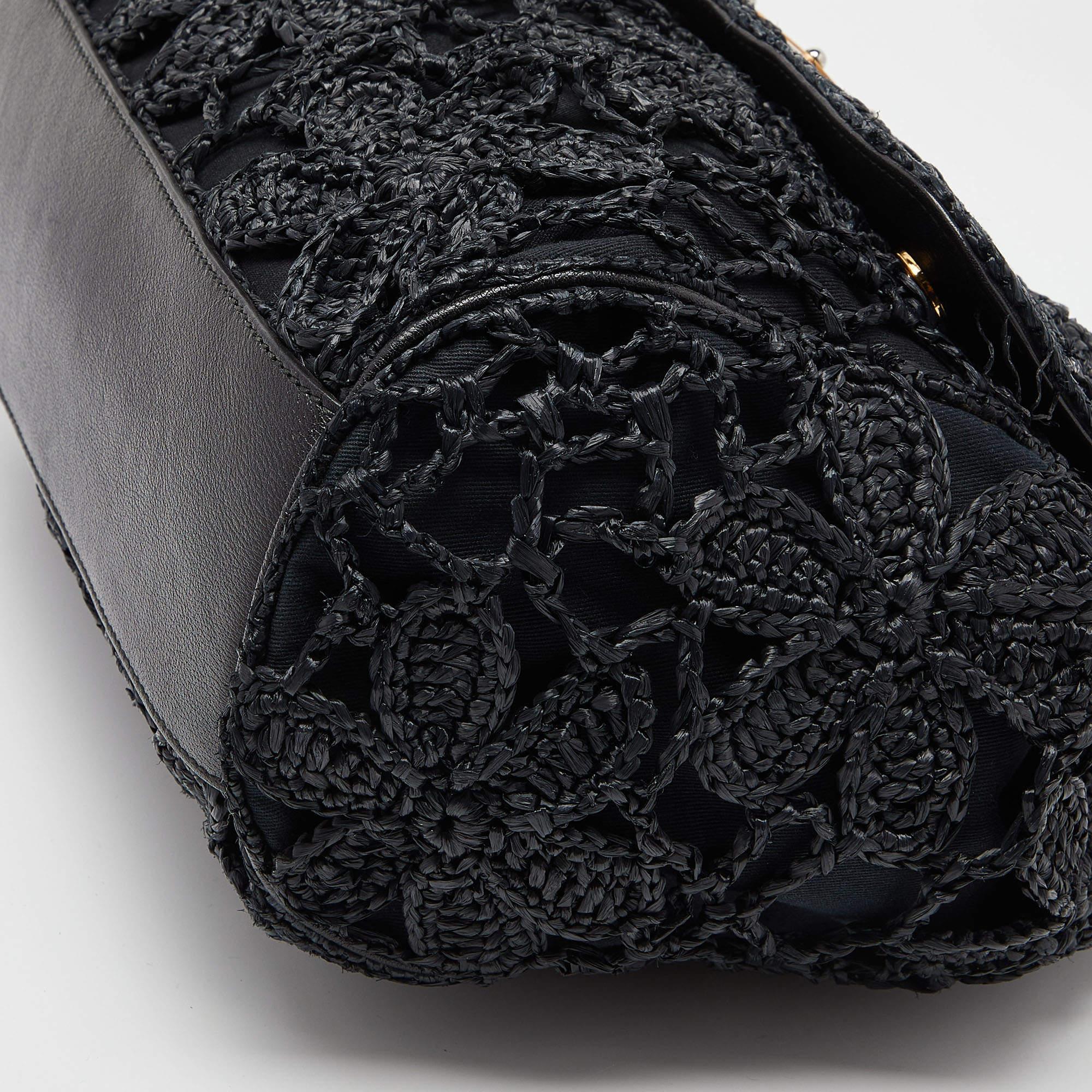 Dolce & Gabbana Black Crochet Raffia Leather Large Miss Sicily Top Handle Bag 2