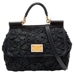 Dolce & Gabbana Black Crochet Raffia Leather Large Miss Sicily Top Handle Bag