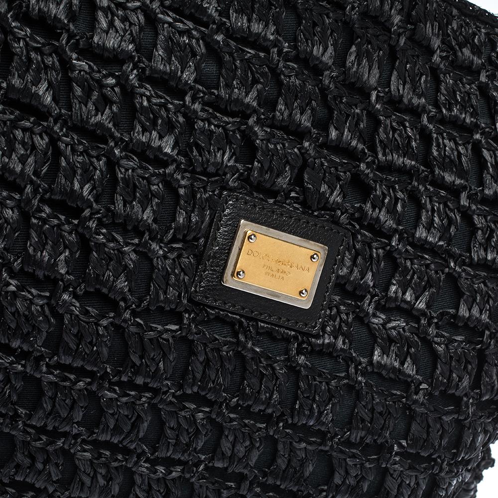 Dolce & Gabbana Black Crochet Straw and Leather Hobo 2