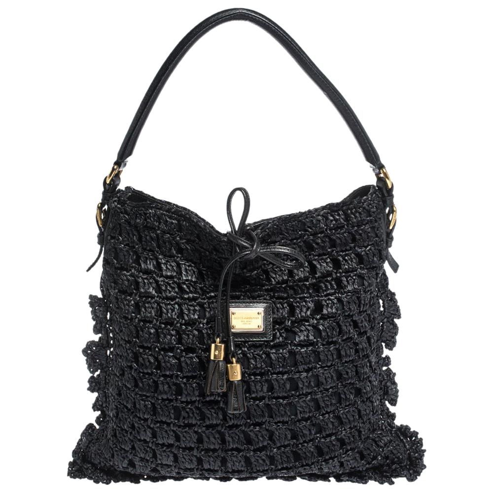 Dolce & Gabbana Black Crochet Straw and Leather Hobo