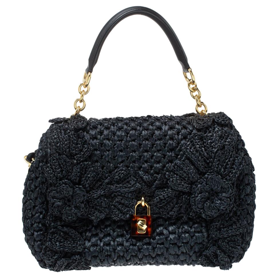 Dolce & Gabbana Black Crochet Straw and Leather Miss Dolce Top Handle Bag