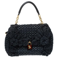 Dolce & Gabbana Black Crochet Straw and Leather Miss Dolce Top Handle Bag