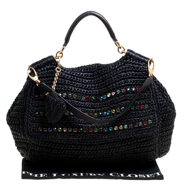 Dolce & Gabbana Black Crochet Straw Miss Sicily Top Handle Bag 6