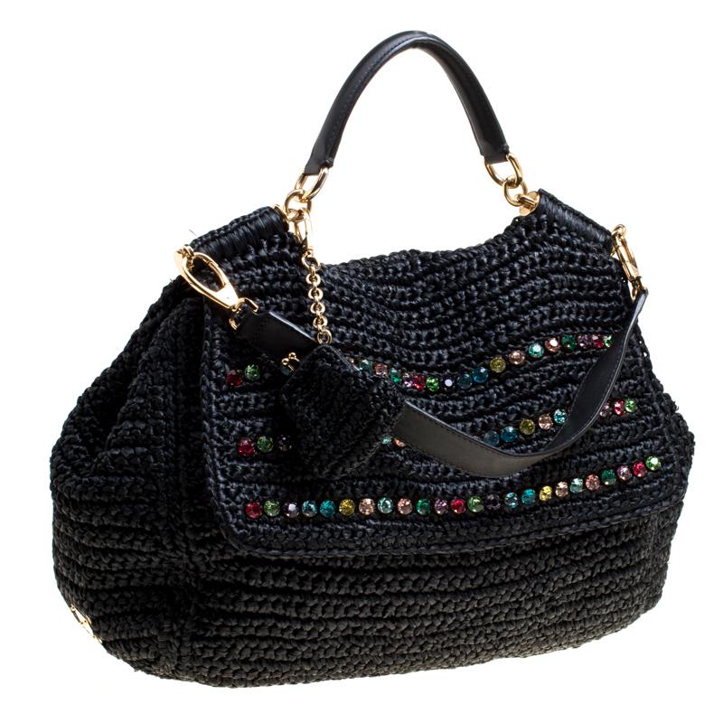 Dolce & Gabbana Black Crochet Straw Miss Sicily Top Handle Bag In Excellent Condition In Dubai, Al Qouz 2