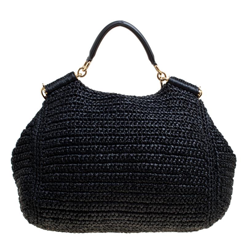 Women's Dolce & Gabbana Black Crochet Straw Miss Sicily Top Handle Bag