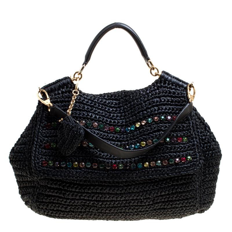 Dolce & Gabbana Black Crochet Straw Miss Sicily Top Handle Bag