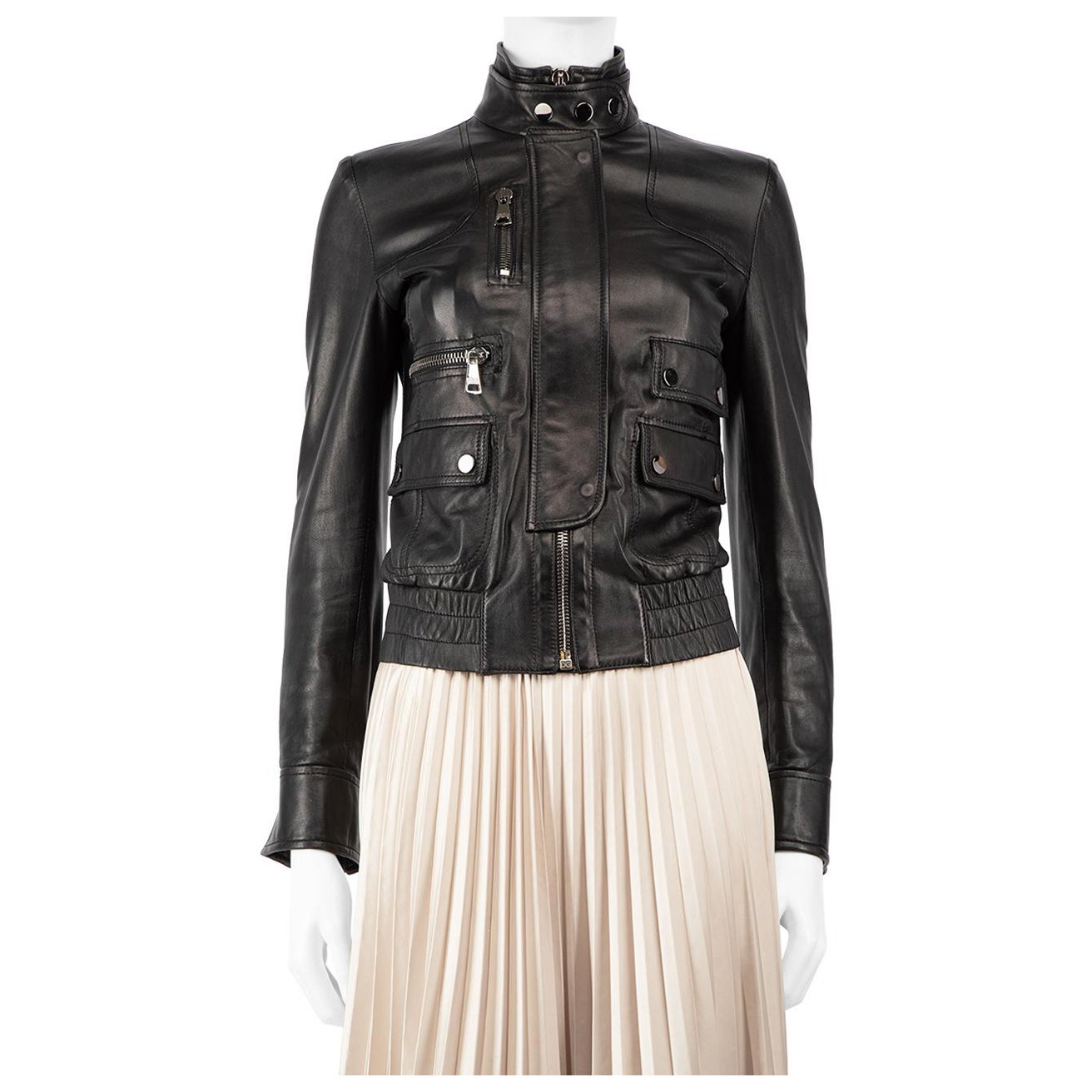 Dolce & Gabbana Black Crop Leather Biker Jacket Size XS