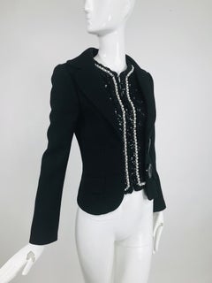 Dolce & Gabbana Black Cropped Wool Jacket with Pearls and Huge Alligator Buttons