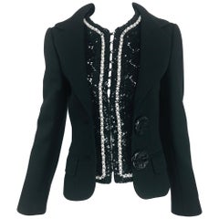 Dolce & Gabbana Black Cropped Wool Jacket with Pearls and Huge Alligator Buttons