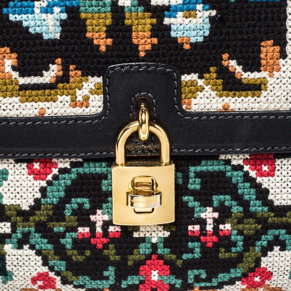 Dolce & Gabbana Black Cross Stitch Fabric and Leather Padlock Top Handle Bag 6