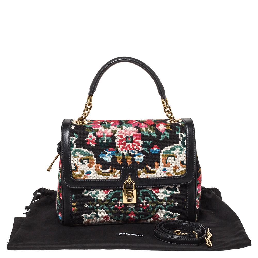 Dolce & Gabbana Black Cross Stitch Fabric and Leather Padlock Top Handle Bag 7