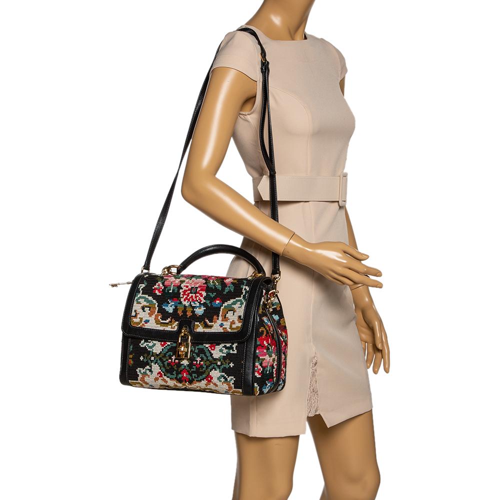 Dolce & Gabbana Black Cross Stitch Fabric and Leather Padlock Top Handle Bag In Good Condition In Dubai, Al Qouz 2