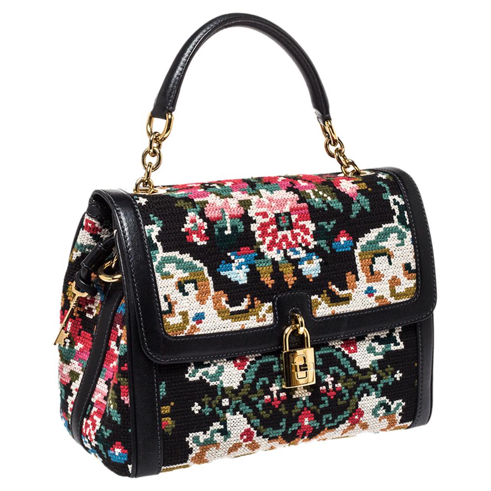 Women's Dolce & Gabbana Black Cross Stitch Fabric and Leather Padlock Top Handle Bag