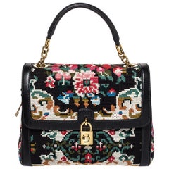 Dolce & Gabbana Black Cross Stitch Fabric and Leather Padlock Top Handle Bag