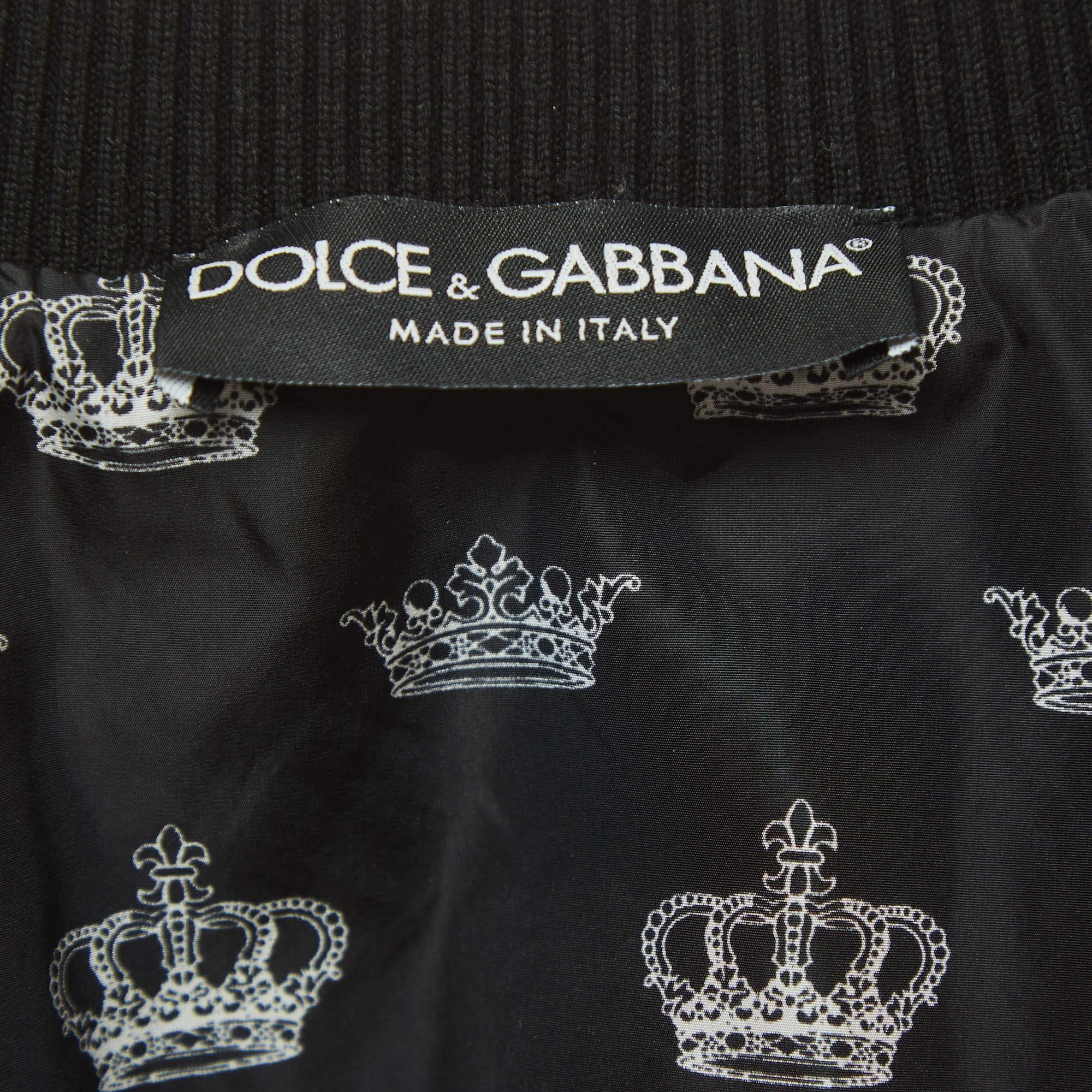 Men's Dolce & Gabbana Black Crown Print Quilt Stitch Nylon Bomber Jacket XXL
