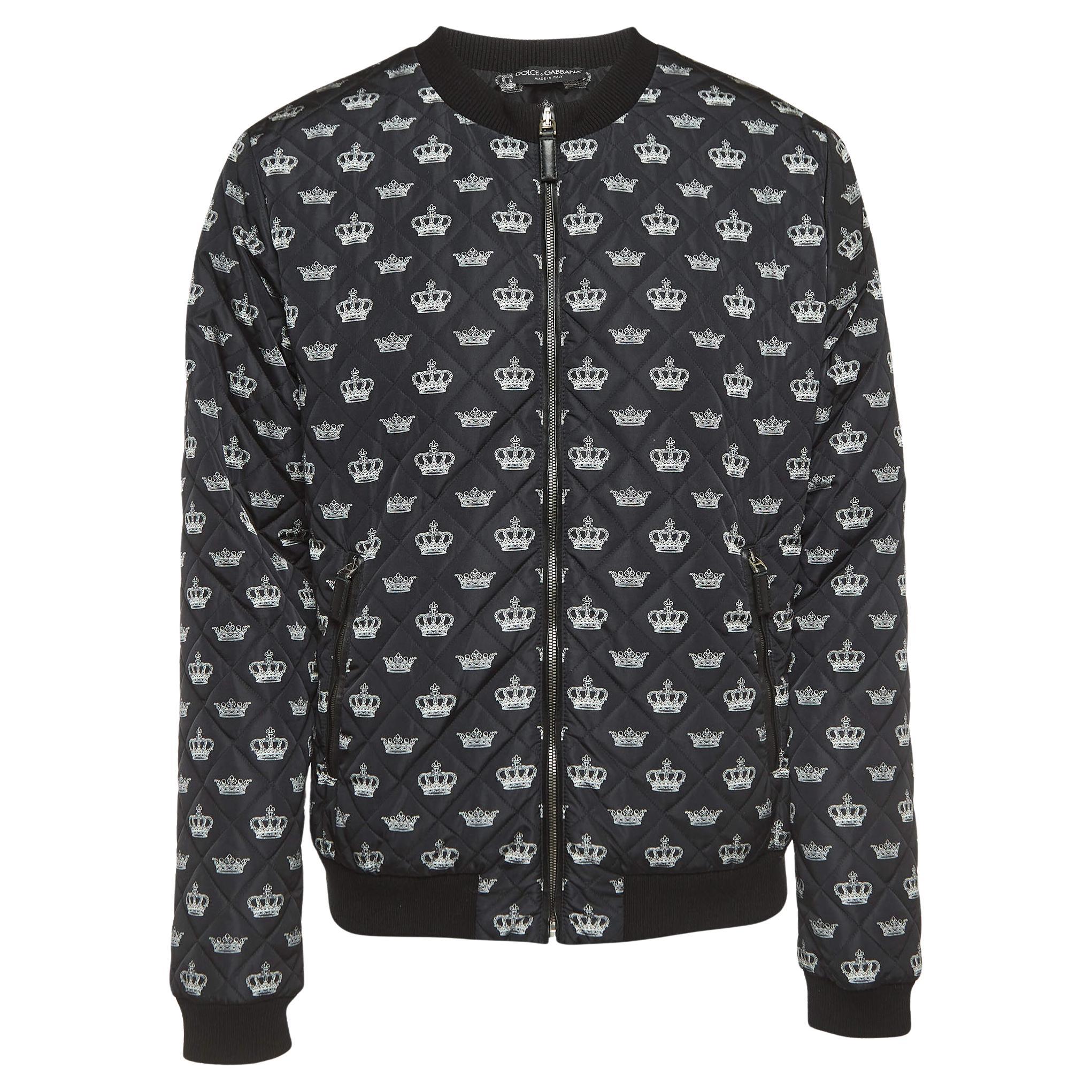 Dolce & Gabbana Black Crown Print Quilt Stitch Nylon Bomber Jacket XXL