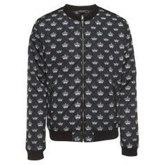 Dolce & Gabbana Schwarze Bomberjacke aus Nylon mit Kronendruck und Steppstich XXL