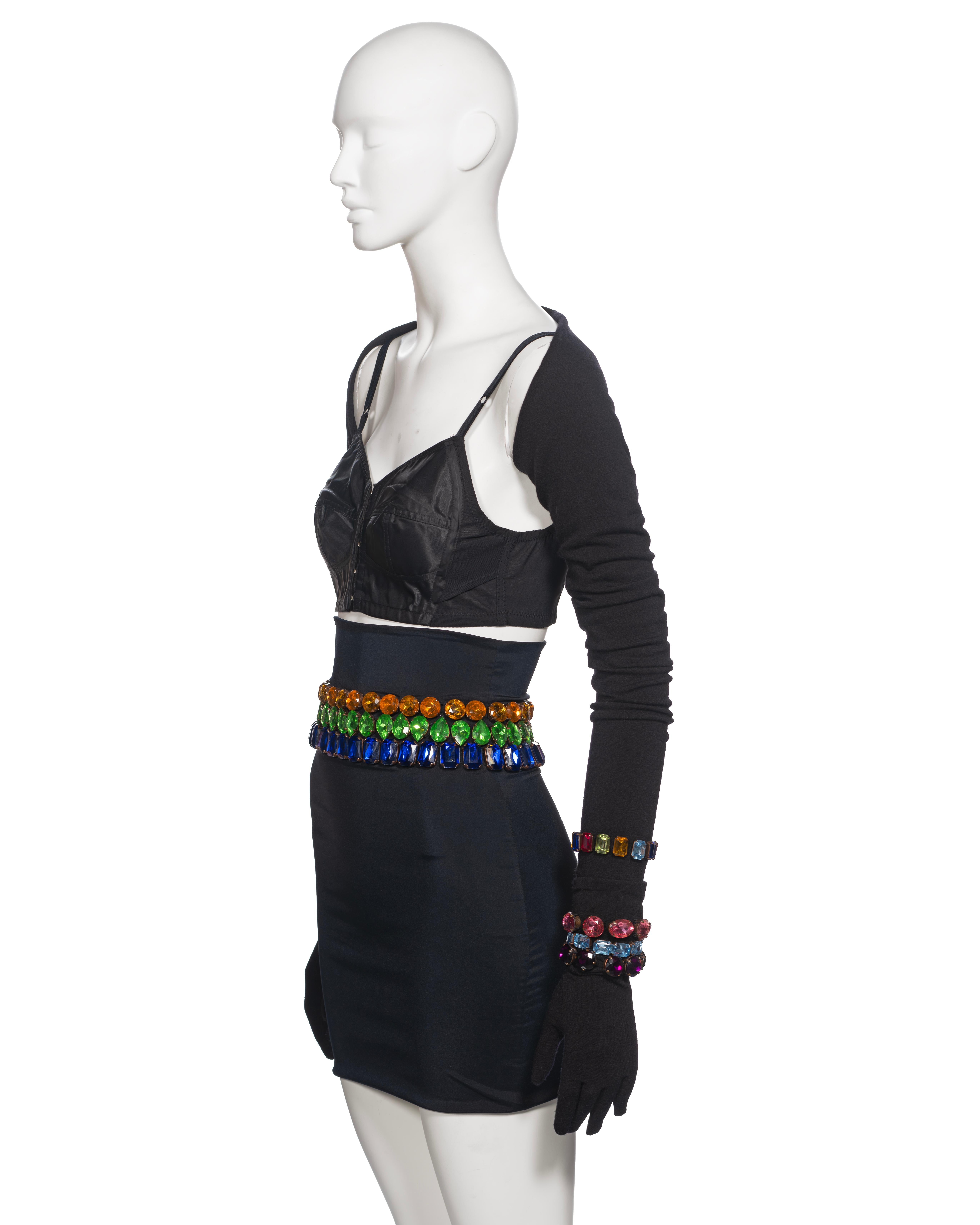 Dolce & Gabbana Black Crystal Adorned Corset, Skirt, Shrug and Gloves, FW 1991 For Sale 6