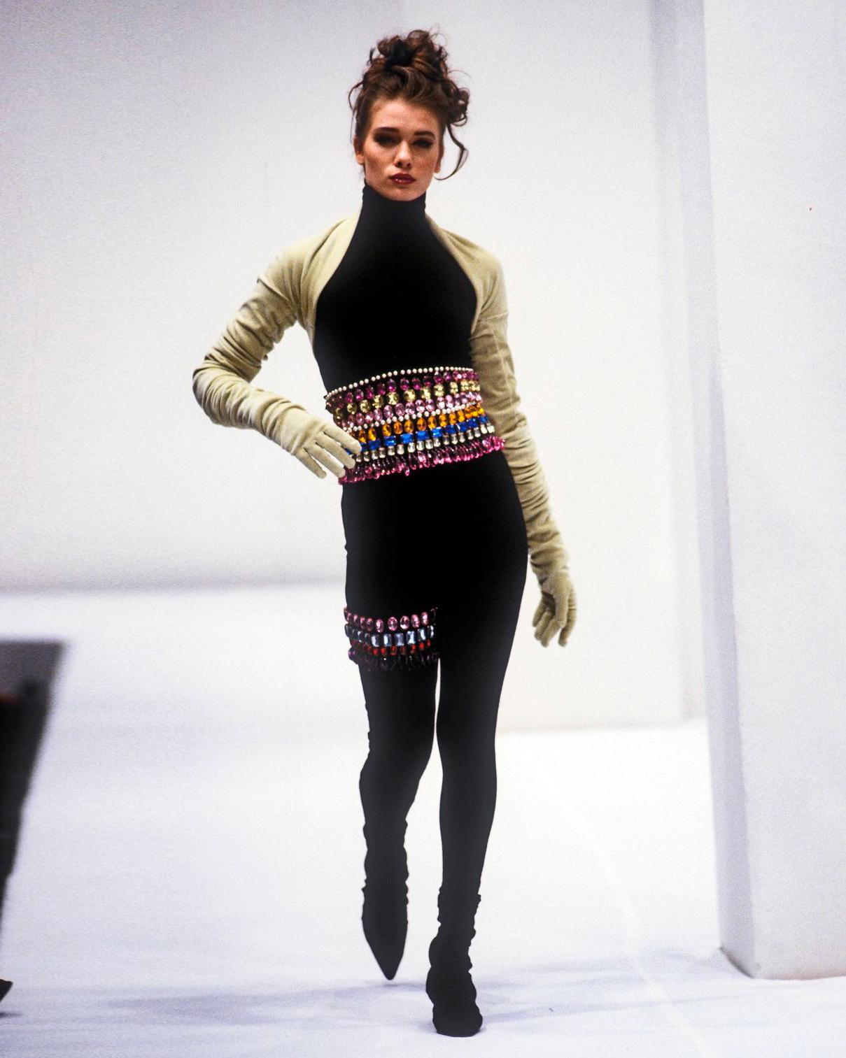 Dolce & Gabbana Black Crystal Adorned Corset, Skirt, Shrug and Gloves, FW 1991 For Sale 10