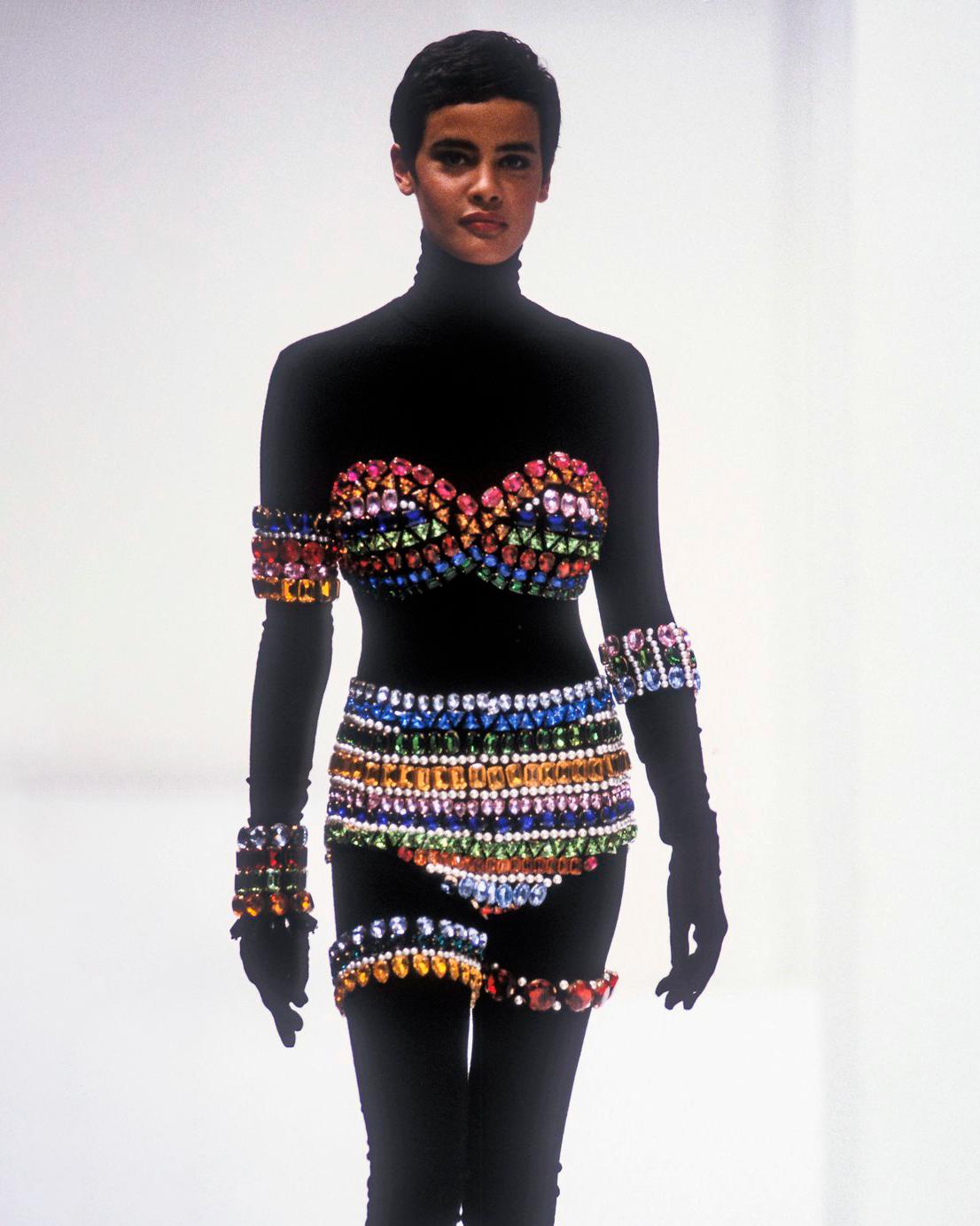 Dolce & Gabbana Black Crystal Adorned Corset, Skirt, Shrug and Gloves, FW 1991 For Sale 11