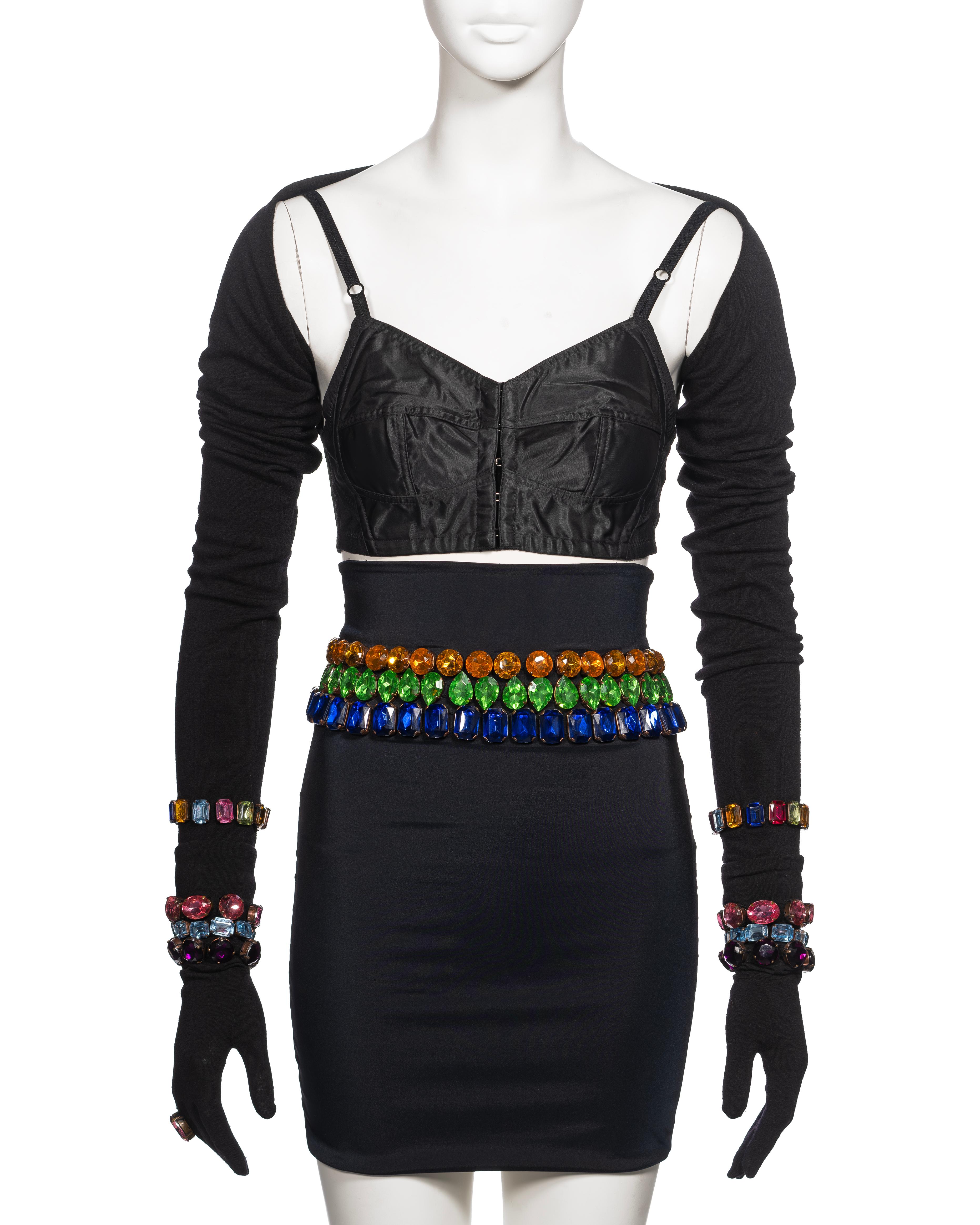 Dolce & Gabbana Black Crystal Adorned Corset, Skirt, Shrug and Gloves, FW 1991 In Good Condition For Sale In London, GB