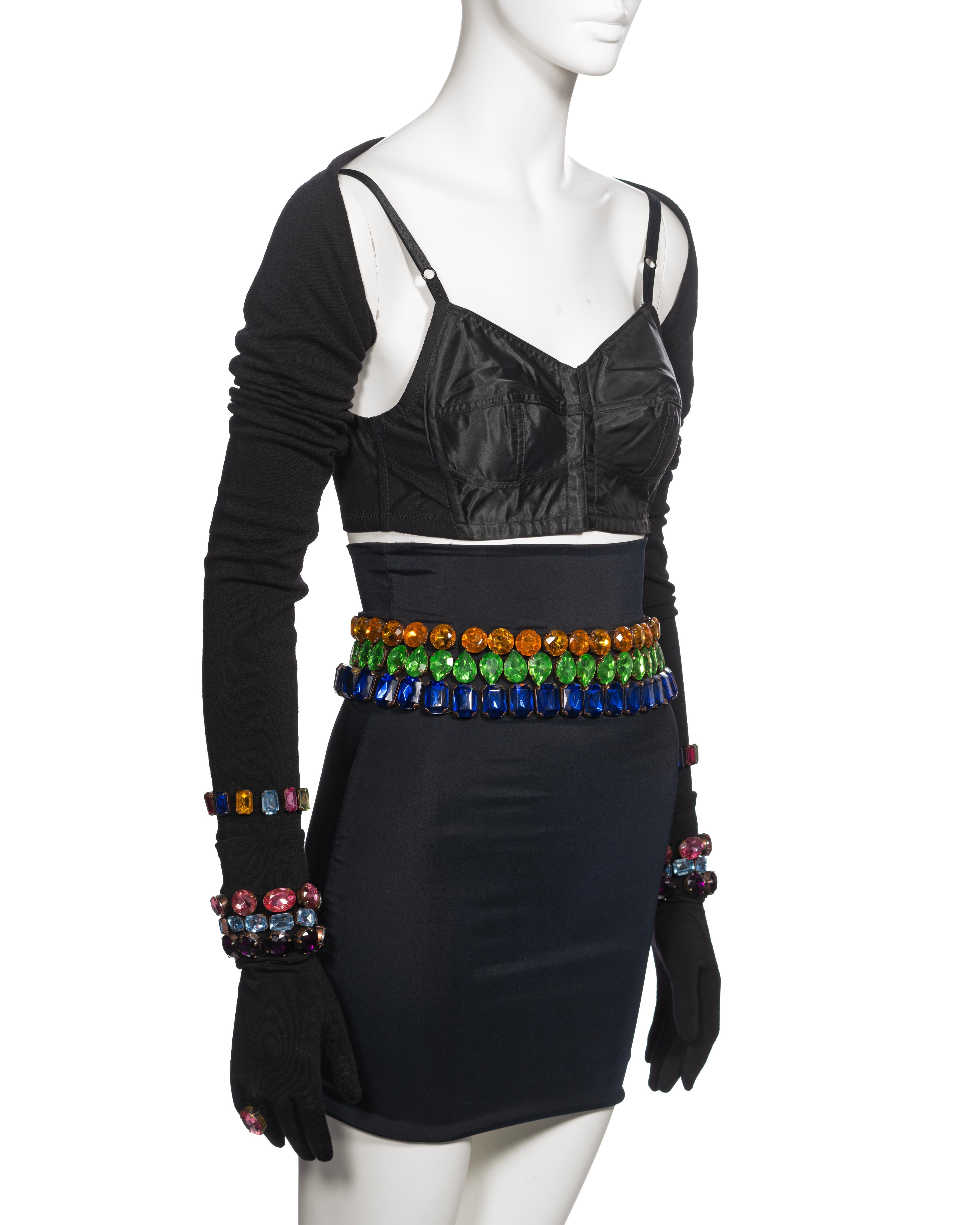 Dolce & Gabbana Black Crystal Adorned Corset, Skirt, Shrug and Gloves, FW 1991 For Sale 2