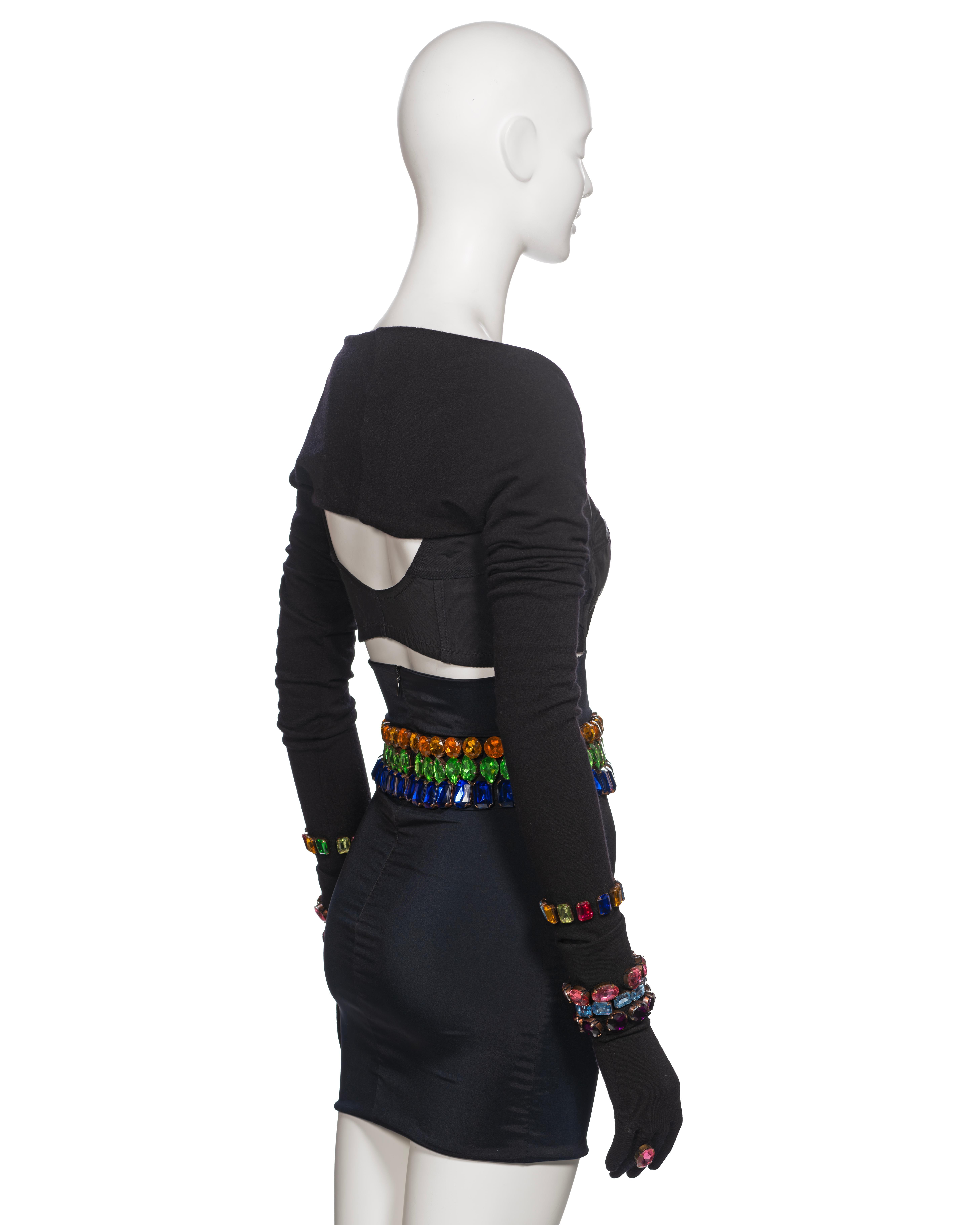 Dolce & Gabbana Black Crystal Adorned Corset, Skirt, Shrug and Gloves, FW 1991 For Sale 4