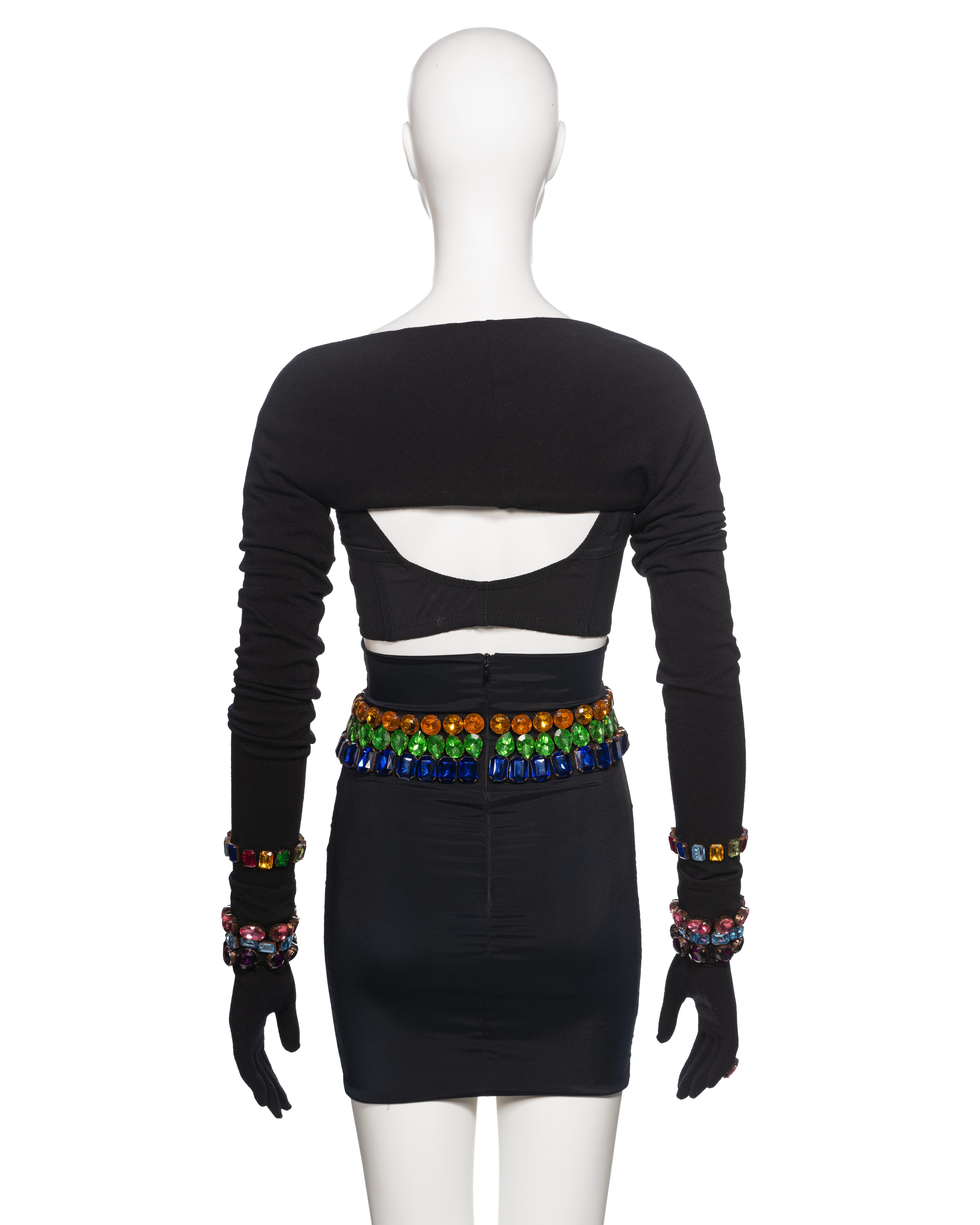 Dolce & Gabbana Black Crystal Adorned Corset, Skirt, Shrug and Gloves, FW 1991 For Sale 5