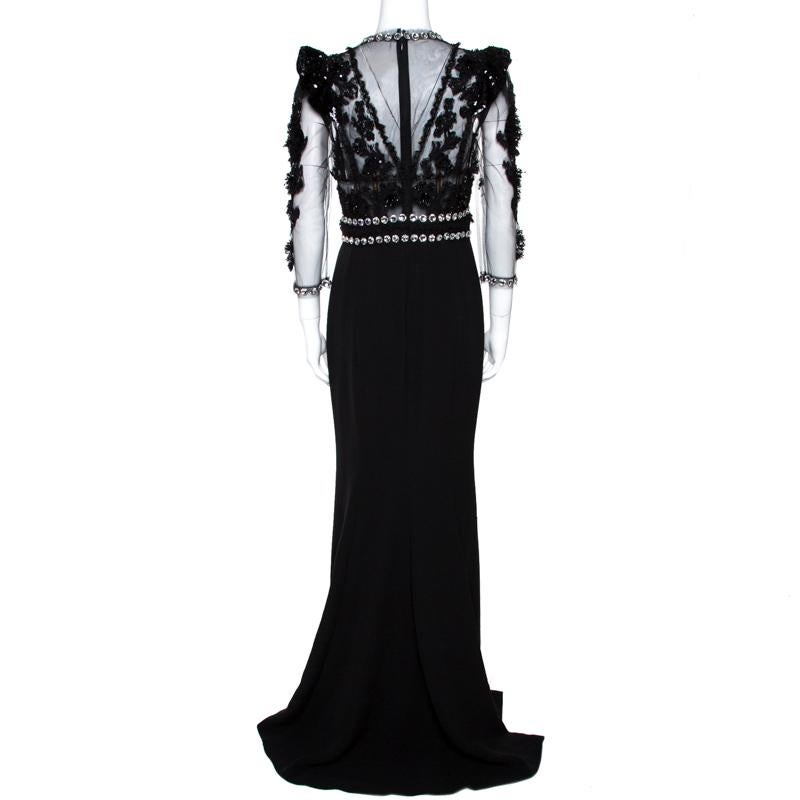 Dolce & Gabbana Black Crystal Embellished Sheer Tulle Paneled Gown M In New Condition In Dubai, Al Qouz 2