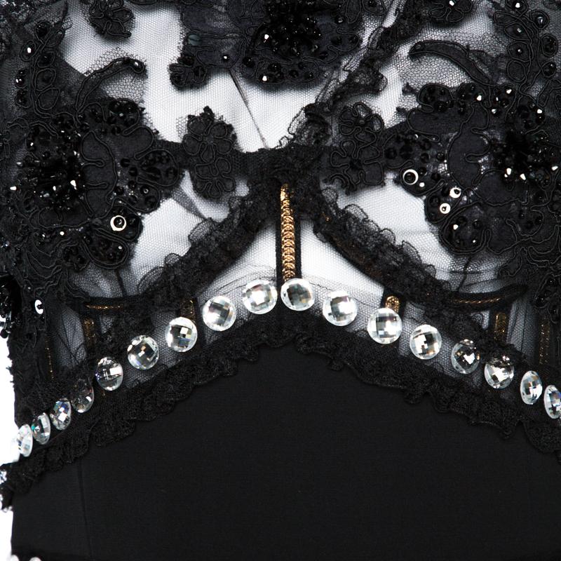 Dolce & Gabbana Black Crystal Embellished Sheer Tulle Paneled Gown M 2