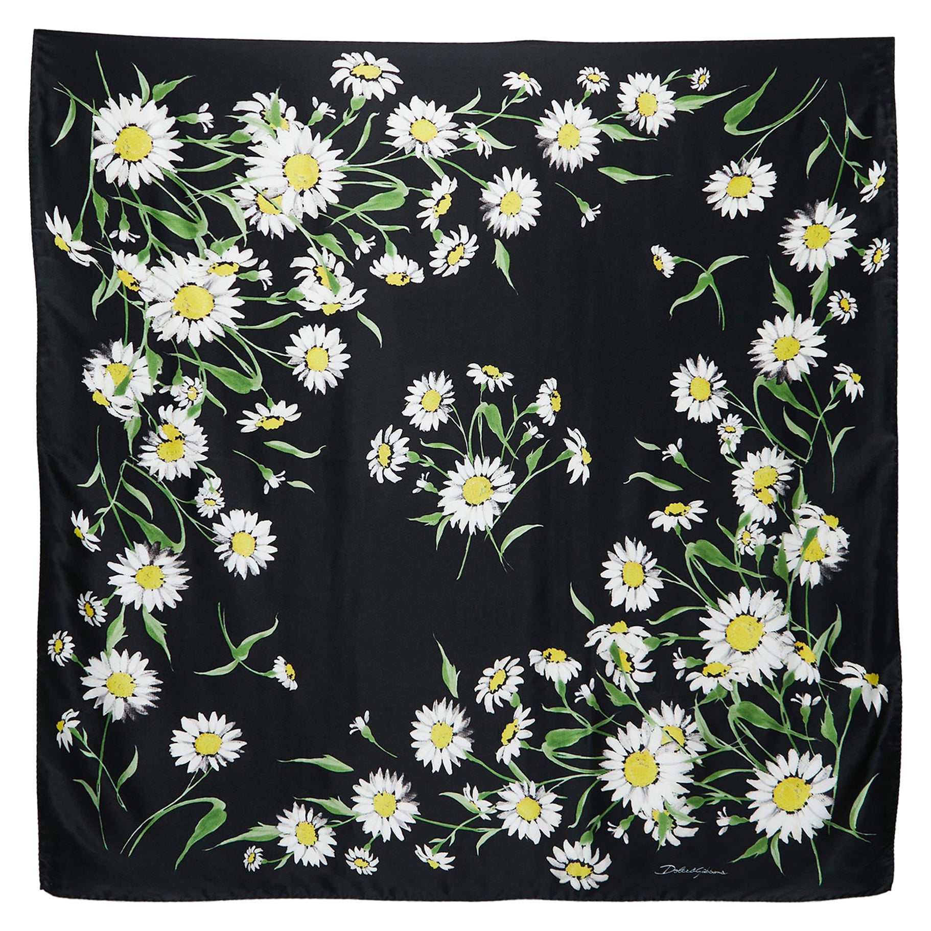Dolce & Gabbana Black Daisy Print Satin Silk Scarf