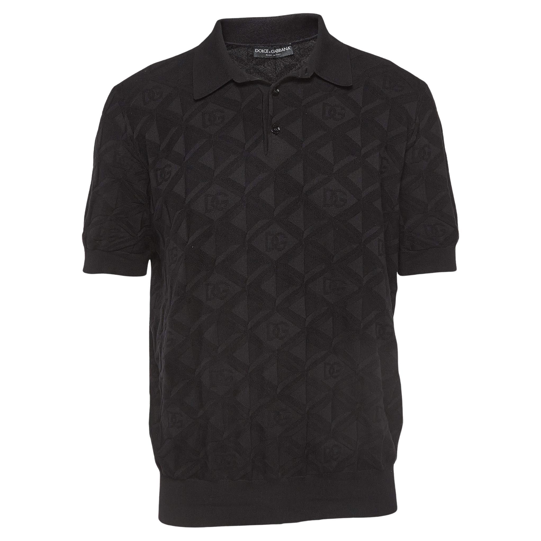 Dolce & Gabbana Black DG Textured Silk Knit Polo T-Shirt XXL For Sale