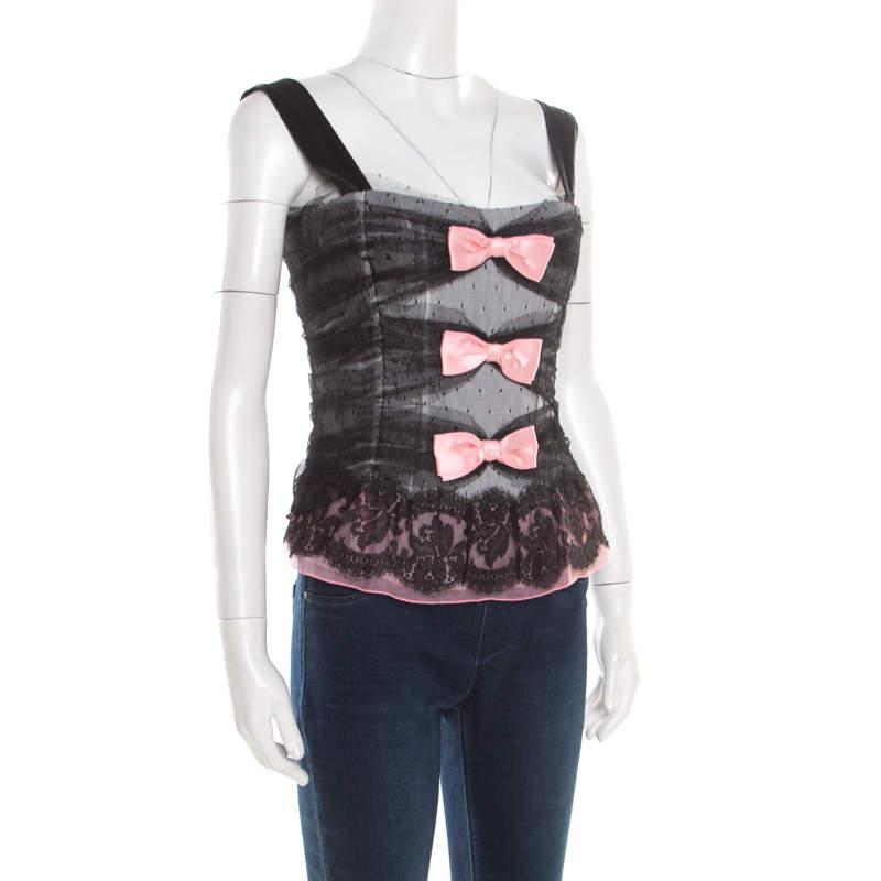 Women's Dolce & Gabbana Black Dotted Tulle and Lace Bow Detail Corset Top M For Sale