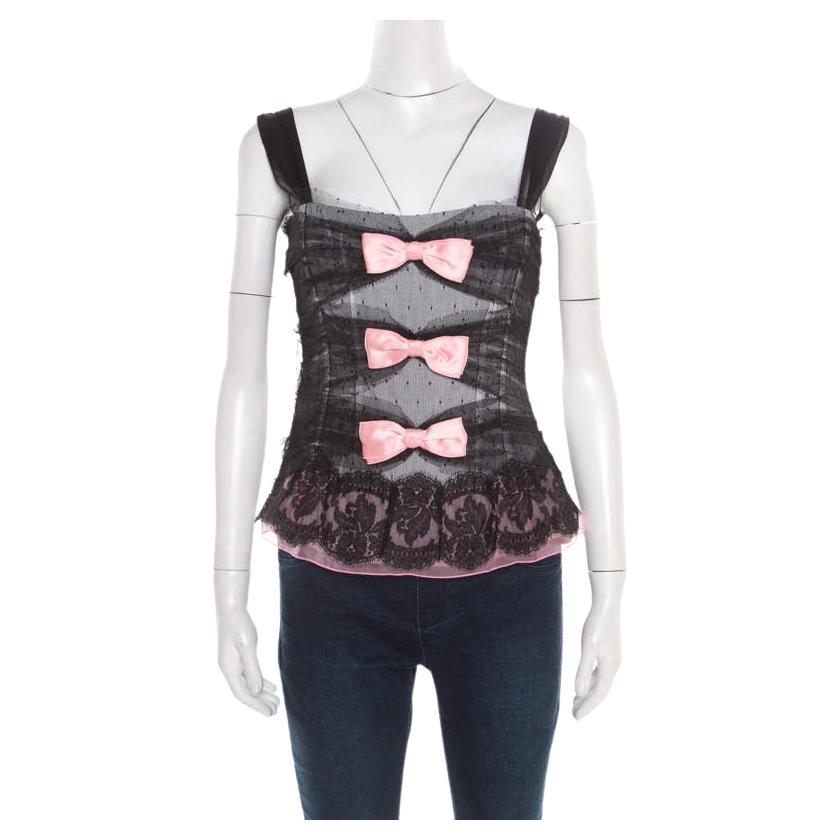 Dolce & Gabbana Black Dotted Tulle and Lace Bow Detail Corset Top M For Sale