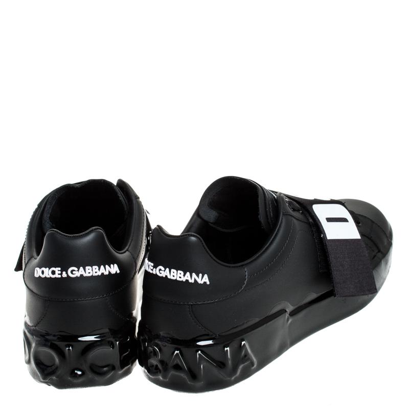 Dolce & Gabbana Black Elastic Logo Leather Melt Portofino Sneakers Size 42.5 In New Condition In Dubai, Al Qouz 2
