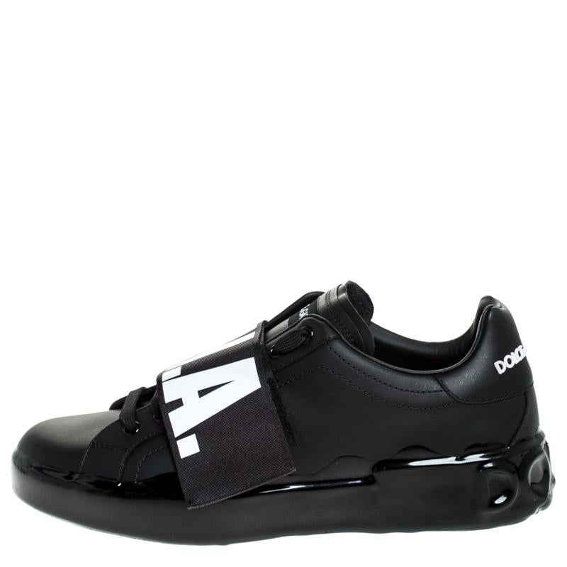 Dolce & Gabbana Black Elastic Logo Leather Melt Portofino Sneakers Size 42.5 2