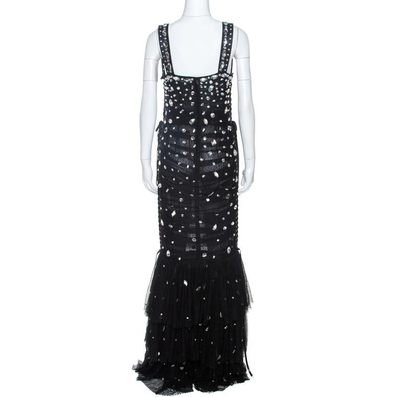 Dolce & Gabbana Black Embellished Mesh Ruffle Detail Tiered Dress L In New Condition In Dubai, Al Qouz 2