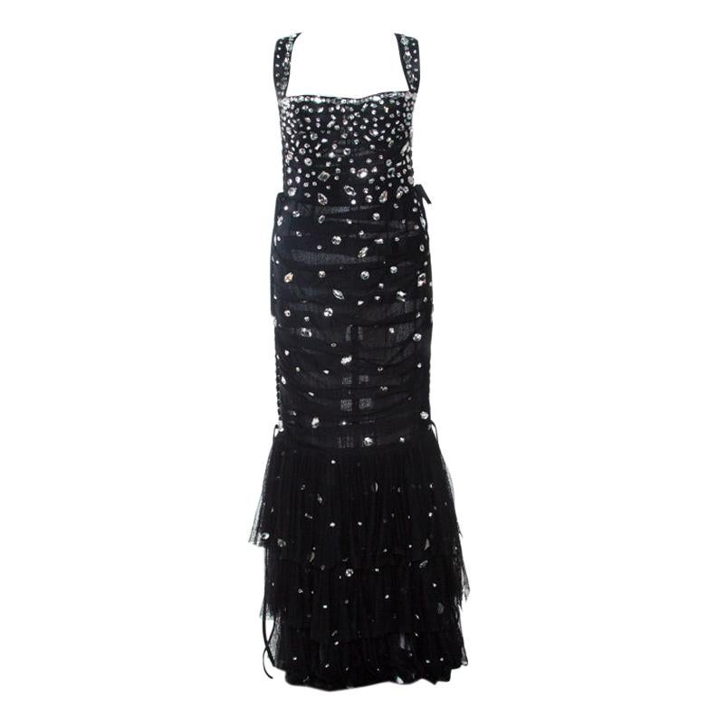 Dolce & Gabbana Black Embellished Mesh Ruffle Detail Tiered Dress L