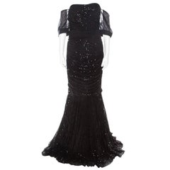 Dolce & Gabbana Black Embellished Tulle Ruched Off Shoulder Gown L