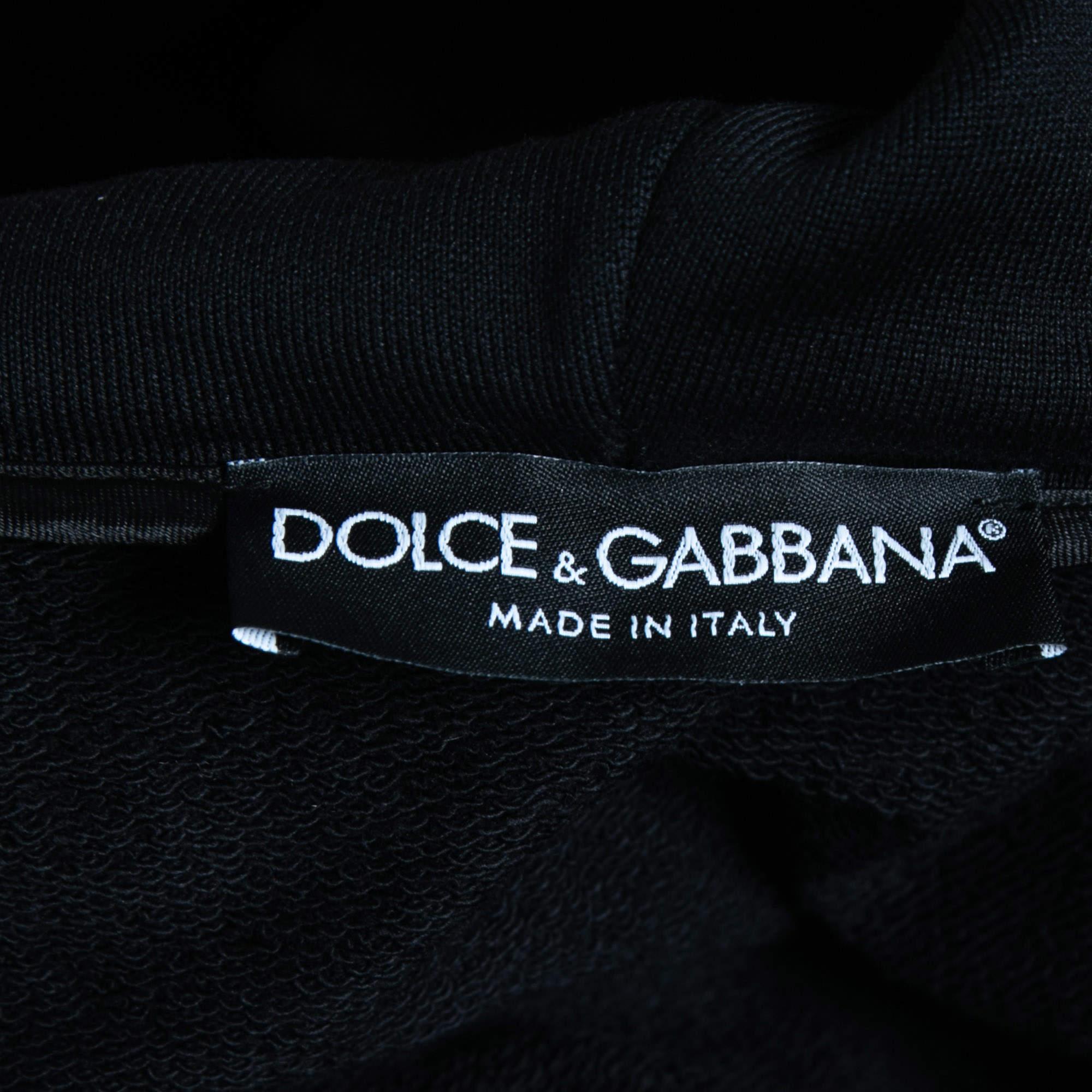 Dolce & Gabbana Black Embroidered Cotton Knit Hooded Sweat Jacket 3XL For Sale 1