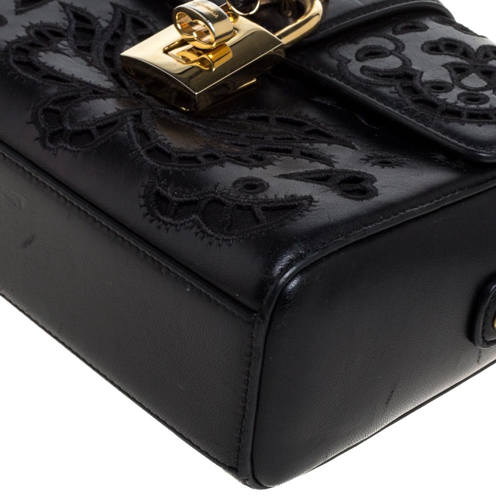 Dolce & Gabbana Black Embroidered Cutout Leather Padlock Top Handle Bag In Good Condition In Dubai, Al Qouz 2