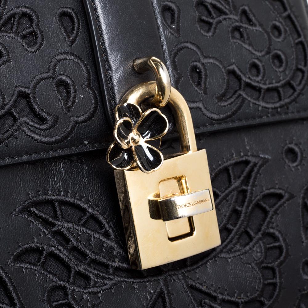 Dolce & Gabbana Black Embroidered Cutout Leather Padlock Top Handle Bag 1