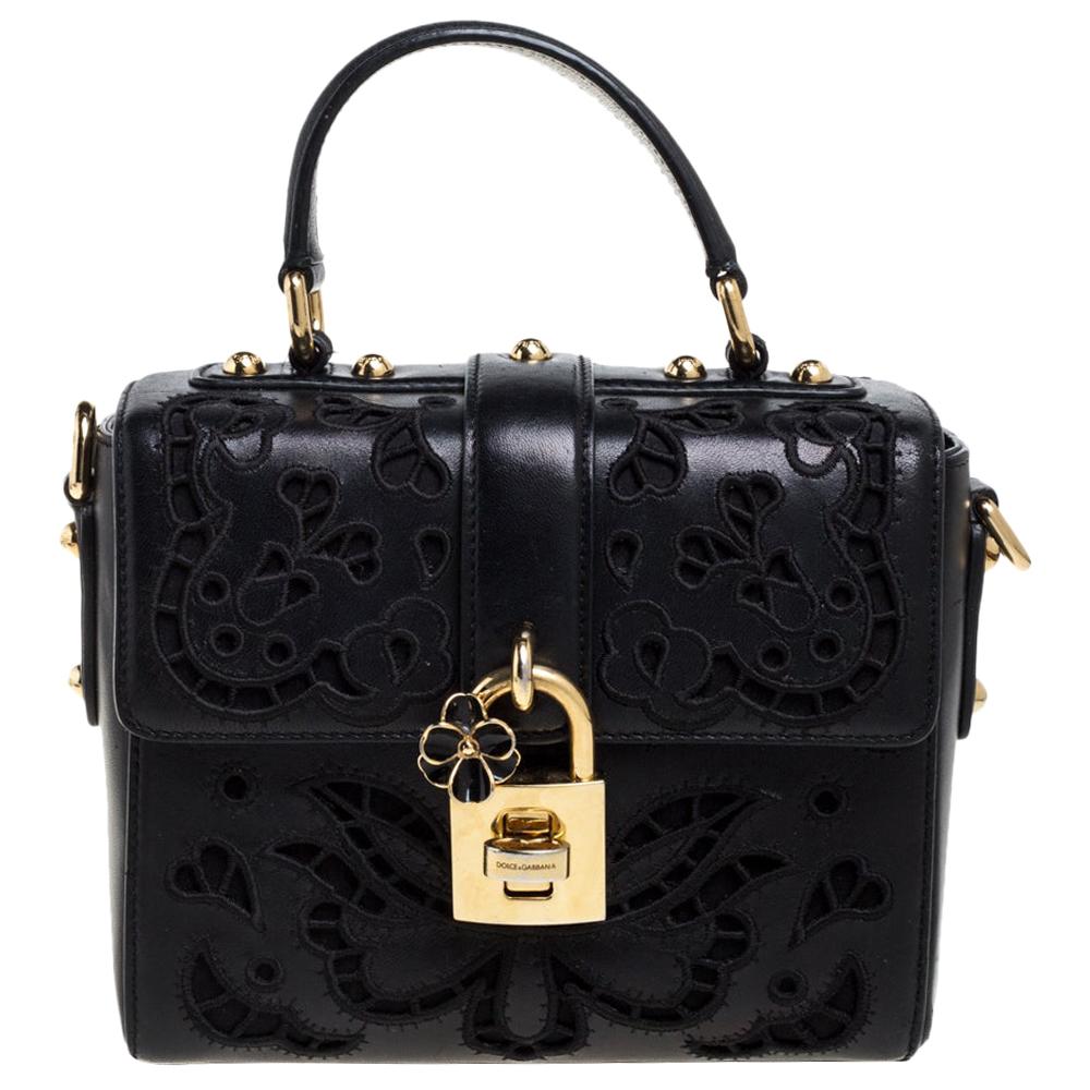 Dolce & Gabbana Black Embroidered Cutout Leather Padlock Top Handle Bag