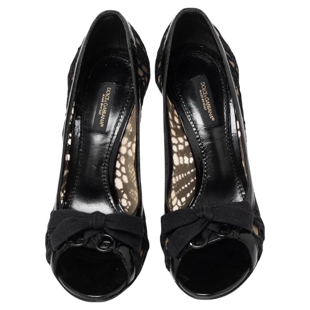 Dolce & Gabbana Black Embroidered Fabric And Mesh Peep Toe Bow Pumps Size 36 1