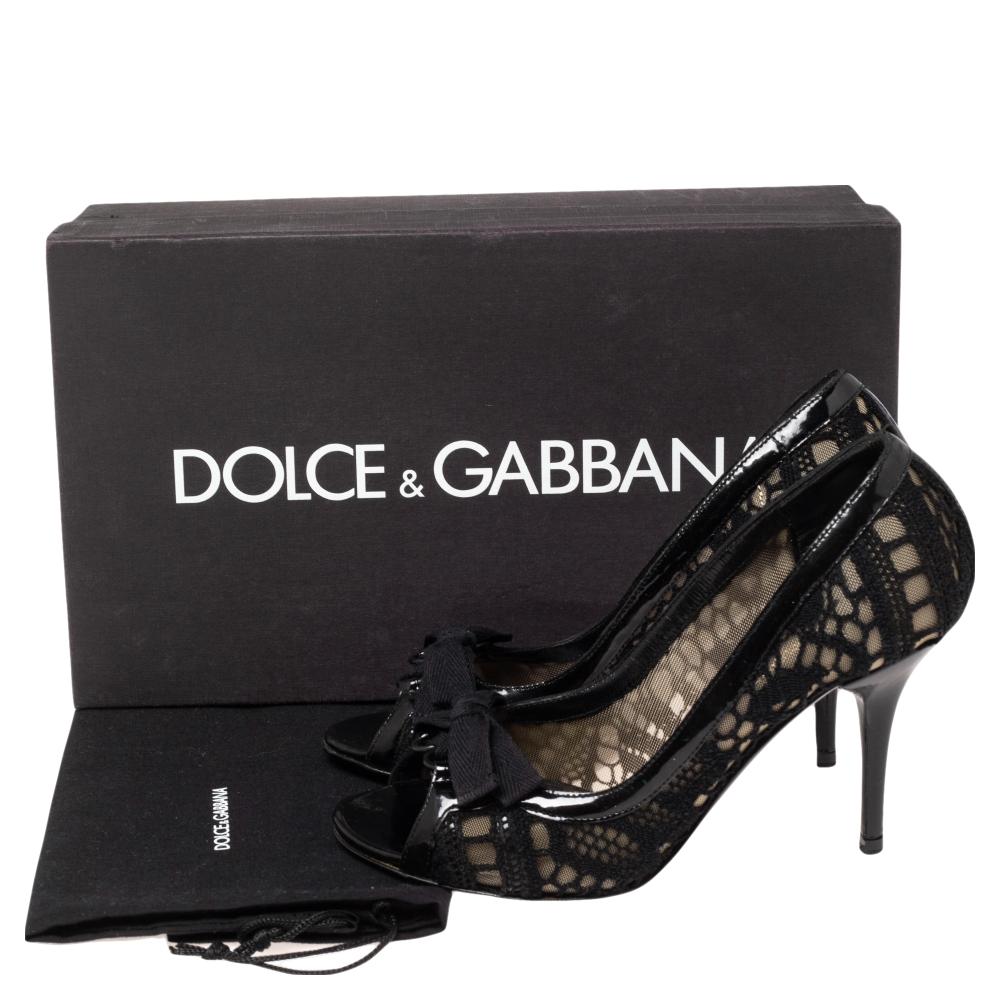 Dolce & Gabbana Black Embroidered Fabric And Mesh Peep Toe Bow Pumps Size 36 4
